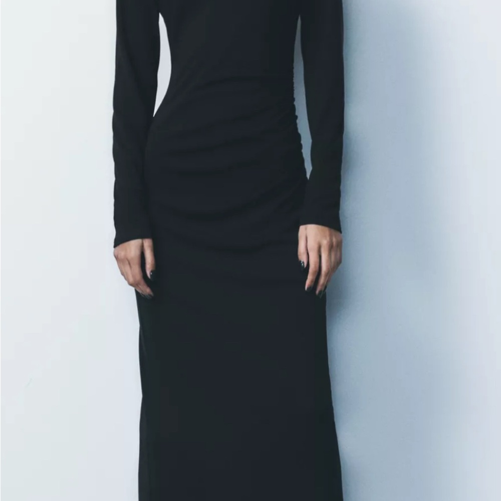 Zara Black Draped Dress with Mock Neck and Ling Sleeves and open back